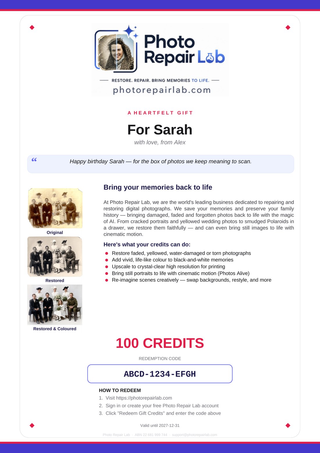 Sample Photo Repair Lab gift voucher — A4 PDF with personal message, redemption code and instructions