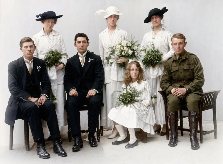 An old family portrait restored and colourised with AI
