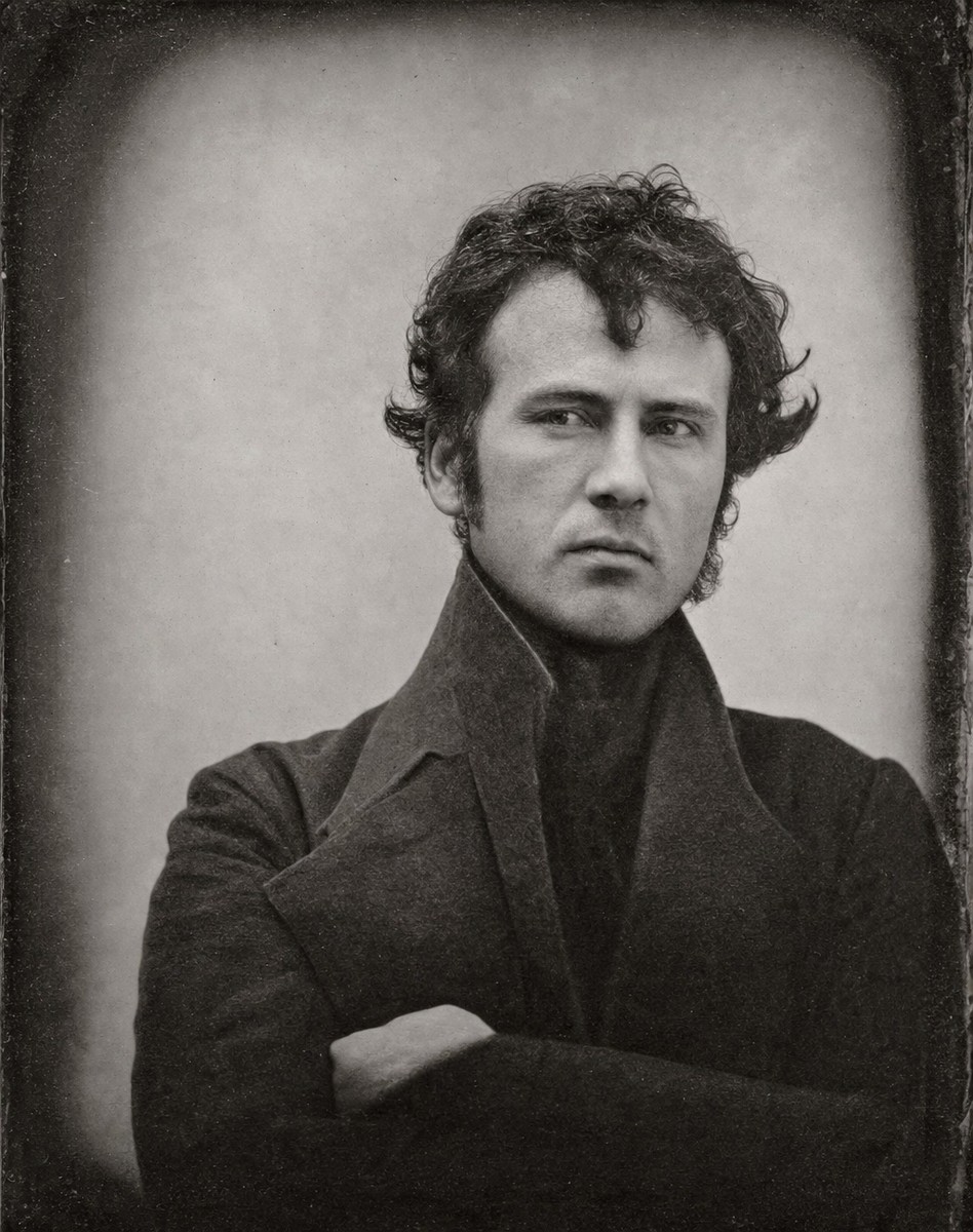 Robert Cornelius portrait after AI restoration — black and white