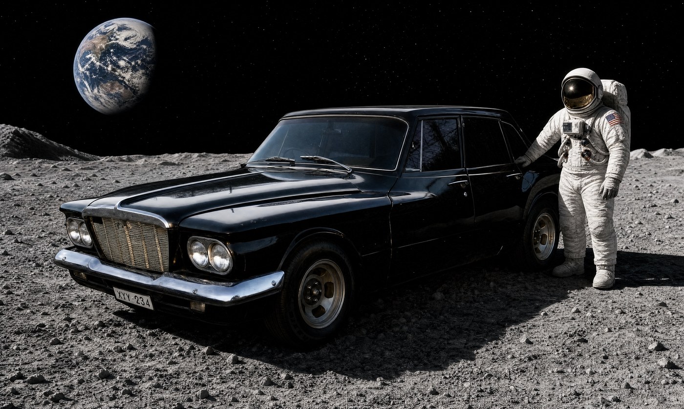 Same vintage black sedan parked on the lunar surface with an astronaut beside it