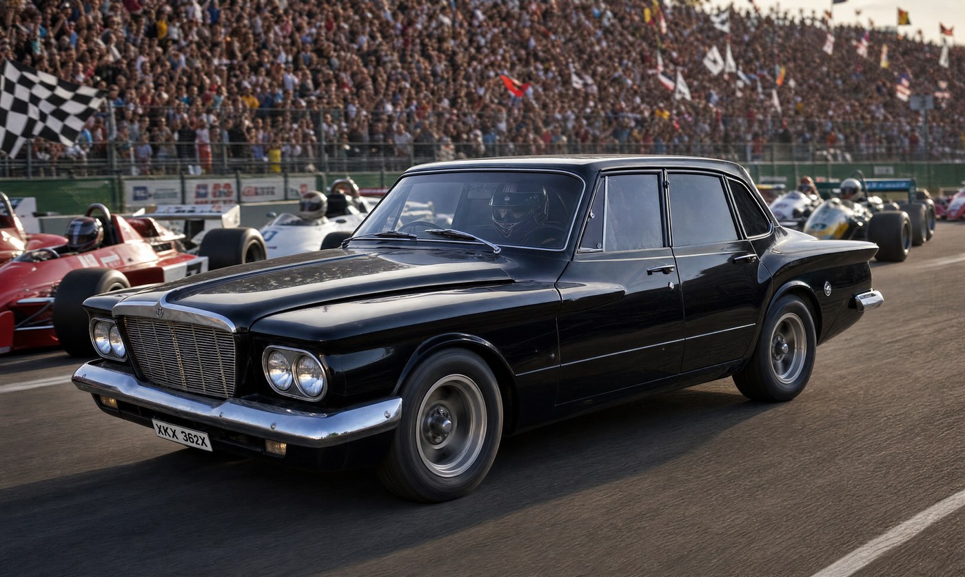 Same vintage black sedan re-imagined at the starting line of a Formula 1 race