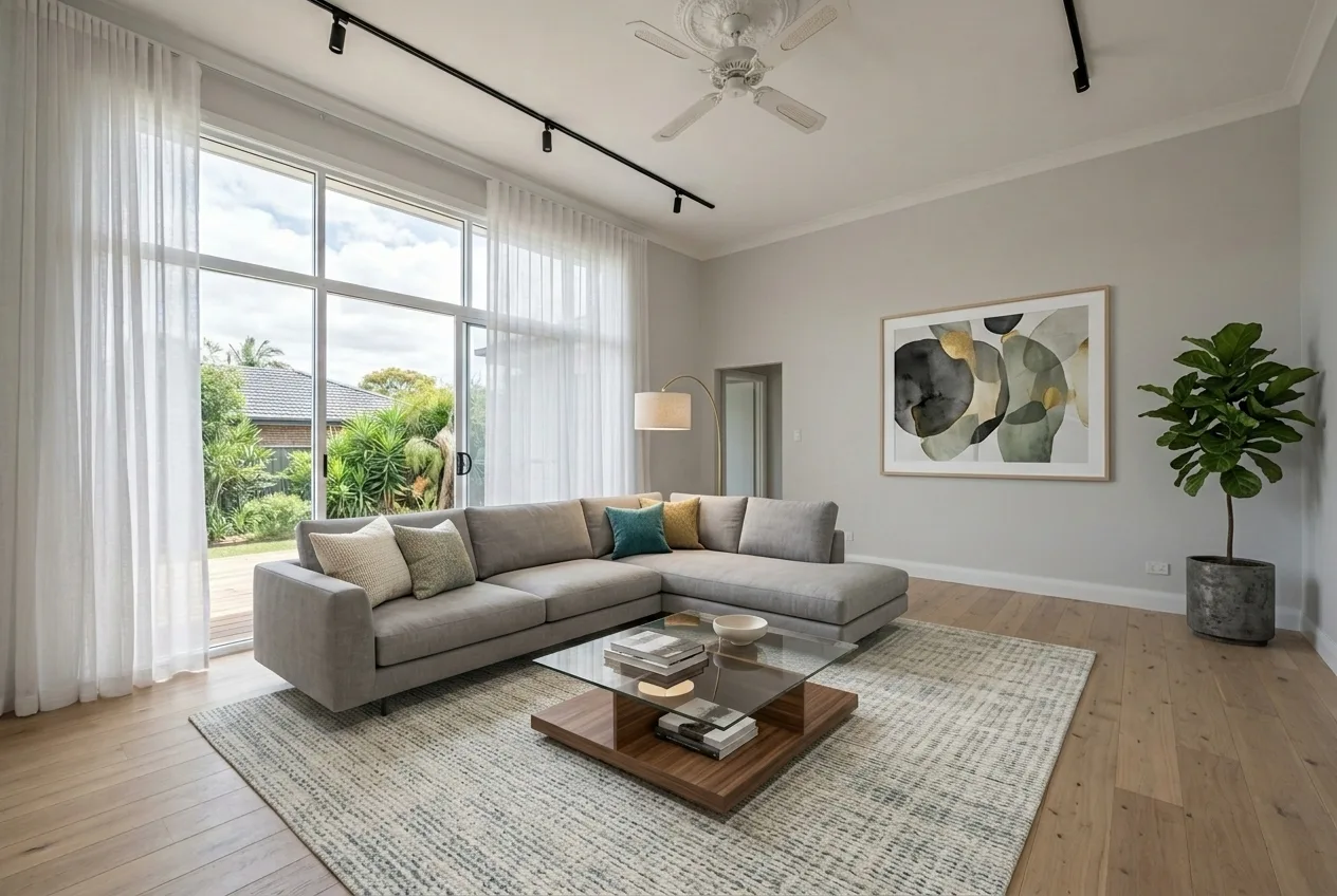 Empty living room virtually staged with a contemporary sofa, rug and artwork by AI